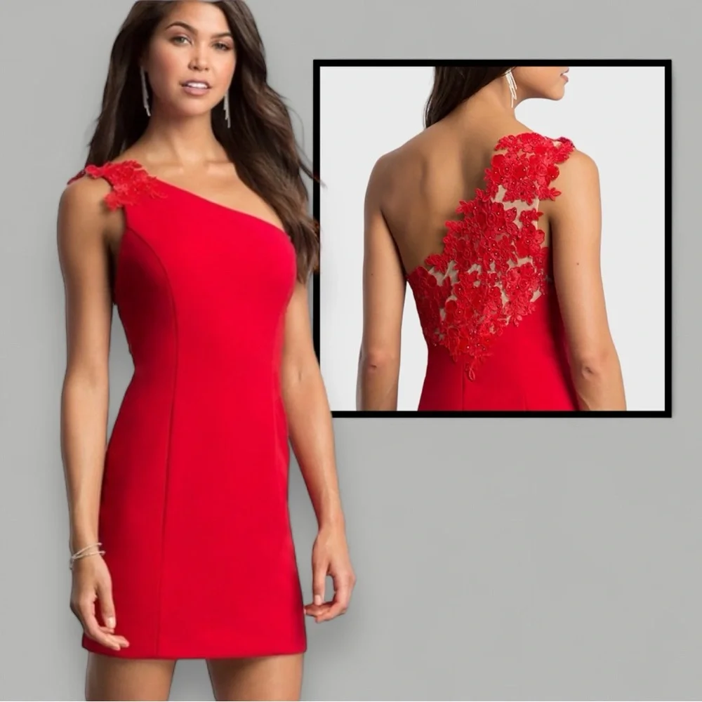 Dear Moon One Shoulder Dress with Rhinestone-Embellished Floral-Lace Appliqué - Picture 1 of 8